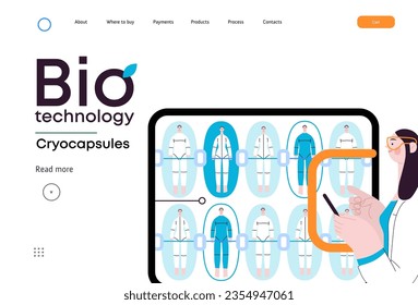 Biotechnologie, Cryocapsule Time Freezer - moderne flache Vektorgrafik futuristischer Cryocapsules, die an gefrorene Zeitgewölbe erinnert. Metapher der Erhaltung des Lebens, Zeit durch Kryontechnologie