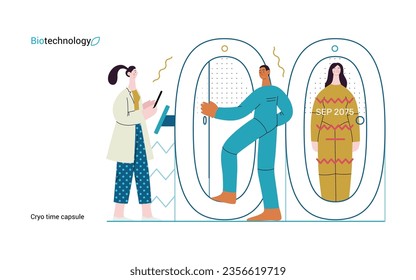 Bio Technology, Cryocapsule Time Freezer -modern flat vector concept illustration of futuristic cryocapsules resembling frozen time vaults. Metaphor of preserving life, time through cryonic technology