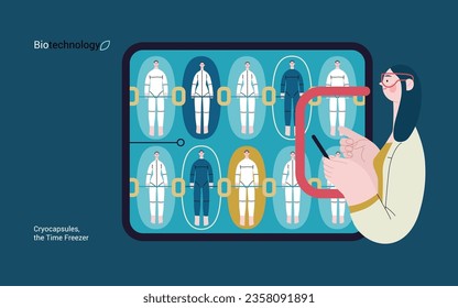 Bio Technology, Cryocapsule Time Freezer -modern flat vector concept illustration of futuristic cryocapsules resembling frozen time vaults. Metaphor of preserving life, time through cryonic technology