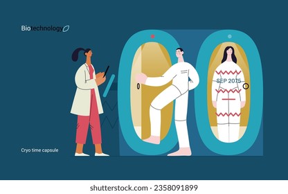 Bio Technology, Cryocapsule Time Freezer -modern flat vector concept illustration of futuristic cryocapsules resembling frozen time vaults. Metaphor of preserving life, time through cryonic technology