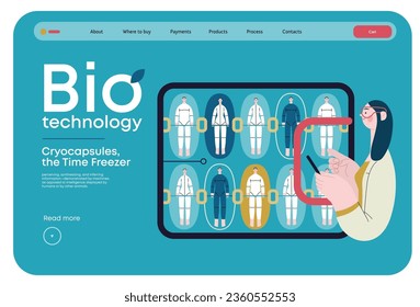 Bio Technology, Cryocapsule Time Freezer -modern flat vector concept illustration of futuristic cryocapsules resembling frozen time vaults. Metaphor of preserving life, time through cryonic technology