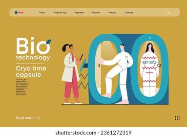 Bio Technology, Cryocapsule Time Freezer -modern flat vector concept illustration of futuristic cryocapsules resembling frozen time vaults. Metaphor of preserving life, time through cryonic technology