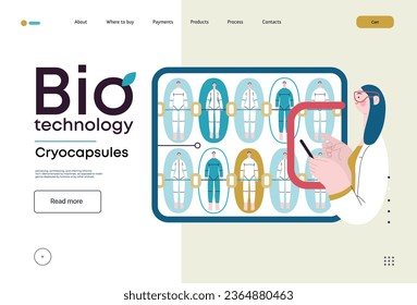 Bio Technology, Cryocapsule Time Freezer -modern flat vector concept illustration of futuristic cryocapsules resembling frozen time vaults. Metaphor of preserving life, time through cryonic technology