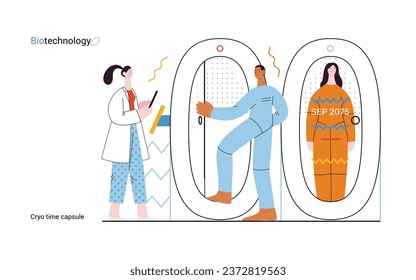Bio Technology, Cryocapsule Time Freezer -modern flat vector concept illustration of futuristic cryocapsules resembling frozen time vaults. Metaphor of preserving life, time through cryonic technology