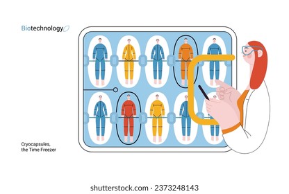 Bio Technology, Cryocapsule Time Freezer -modern flat vector concept illustration of futuristic cryocapsules resembling frozen time vaults. Metaphor of preserving life, time through cryonic technology