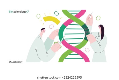 Bio Technology, ADN Laboratory-moderna de la ilustración conceptual de los científicos disecando la doble hélice del ADN, manipulando y reorganizando fragmentos. Metáfora de los avances en la agricultura, la medicina