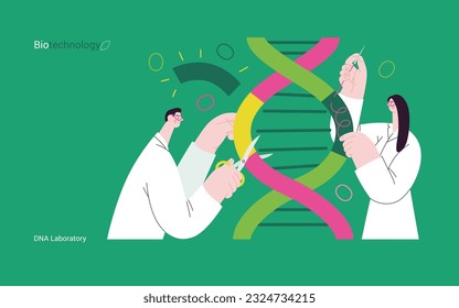 Bio Technology, ADN Laboratory-moderna de la ilustración conceptual de los científicos disecando la doble hélice del ADN, manipulando y reorganizando fragmentos. Metáfora de los avances en la agricultura, la medicina