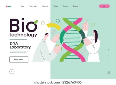 Bio Technology, DNA Laboratory -modern vector concept illustration of scientists dissecting DNA double helix, manipulating and rearranging fragments. Metaphor of advancements in agriculture, medicine