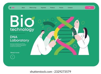 Bio Technology, DNA Laboratory -modern vector concept illustration of scientists dissecting DNA double helix, manipulating and rearranging fragments. Metaphor of advancements in agriculture, medicine