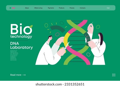 Bio Technology, DNA Laboratory -modern vector concept illustration of scientists dissecting DNA double helix, manipulating and rearranging fragments. Metaphor of advancements in agriculture, medicine