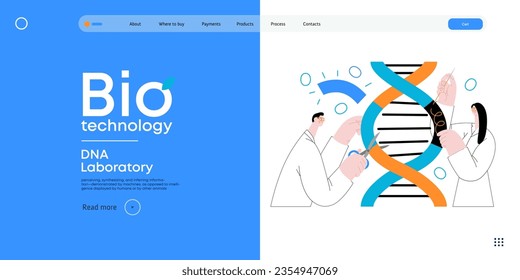 Bio Technology, DNA Laboratory -modern vector concept illustration of scientists dissecting DNA double helix, manipulating and rearranging fragments. Metaphor of advancements in agriculture, medicine