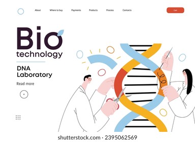 Biotechnologie, DNA Laboratory - moderne Vektorgrafik von Wissenschaftlern, die DNA-Doppelhelix zerlegen, Fragmente manipulieren und neu ordnen. Metapher der Fortschritte in der Landwirtschaft, der Medizin