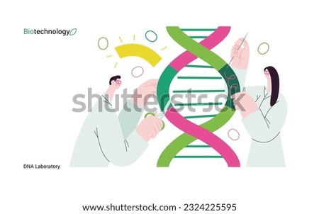 Bio Technology, DNA Laboratory -modern vector concept illustration of scientists dissecting DNA double helix, manipulating and rearranging fragments. Metaphor of advancements in agriculture, medicine
