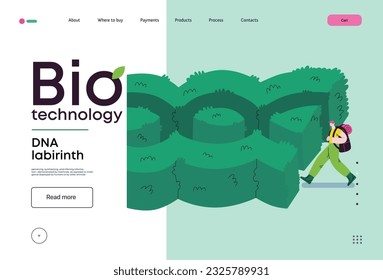 Bio Technology, DNA Labyrinth -modern flat vector concept illustration of person in front of a labyrinth in the form of a double helix DNA. Metaphor of intricacies and challenges of genetic research