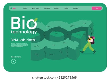 Bio Technology, DNA Labyrinth -modern flat vector concept illustration of person in front of a labyrinth in the form of a double helix DNA. Metaphor of intricacies and challenges of genetic research