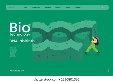 Bio Technology, DNA Labyrinth -modern flat vector concept illustration of person in front of a labyrinth in the form of a double helix DNA. Metaphor of intricacies and challenges of genetic research