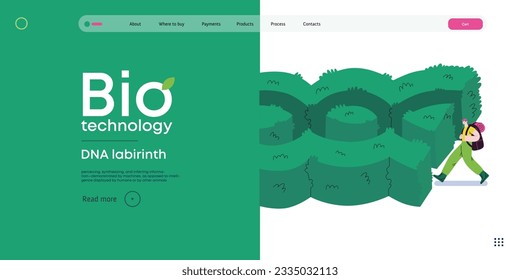 Bio Technology, DNA Labyrinth -modern flat vector concept illustration of person in front of a labyrinth in the form of a double helix DNA. Metaphor of intricacies and challenges of genetic research