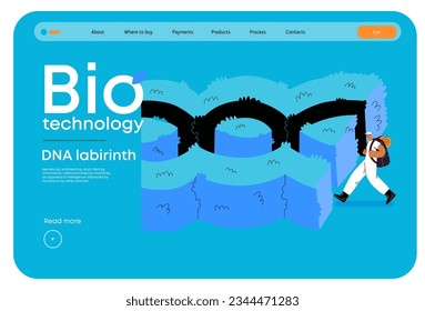 Tecnología Bio, ADN Laberinto - moderna ilustración de la persona frente a un laberinto en forma de ADN helix doble. Metáfora de las complejidades y desafíos de la investigación genética