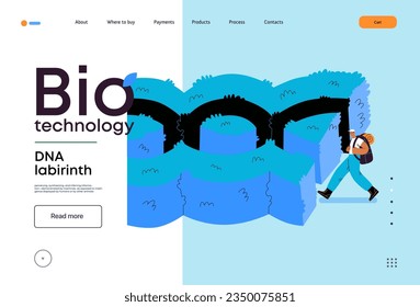 Bio Technology, DNA Labyrinth -modern flat vector concept illustration of person in front of a labyrinth in the form of a double helix DNA. Metaphor of intricacies and challenges of genetic research