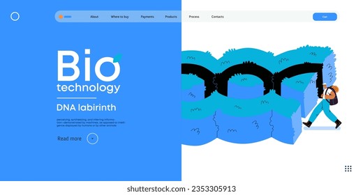 Bio Technology, DNA Labyrinth -modern flat vector concept illustration of person in front of a labyrinth in the form of a double helix DNA. Metaphor of intricacies and challenges of genetic research