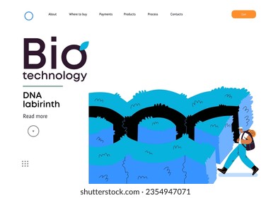 Bio Technology, DNA Labyrinth -modern flat vector concept illustration of person in front of a labyrinth in the form of a double helix DNA. Metaphor of intricacies and challenges of genetic research