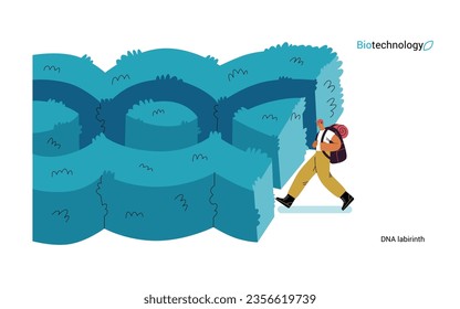 Bio Technology, DNA Labyrinth -modern flat vector concept illustration of person in front of a labyrinth in the form of a double helix DNA. Metaphor of intricacies and challenges of genetic research