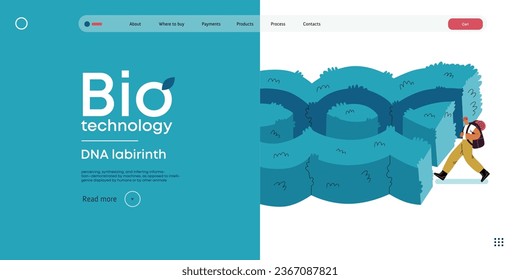 Tecnología Bio, ADN Laberinto - moderna ilustración de la persona frente a un laberinto en forma de ADN helix doble. Metáfora de las complejidades y desafíos de la investigación genética