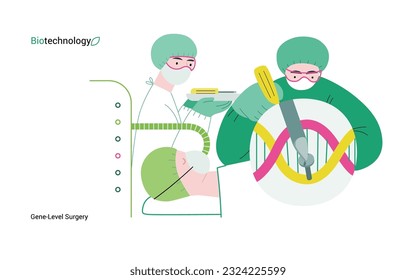 Bio Technology, Gene-Level Surgery -moderna ilustración del concepto de vector plano de modificaciones genéticas precisas a nivel molecular. Metáfora del tratamiento de los trastornos genéticos y mejora de la salud humana