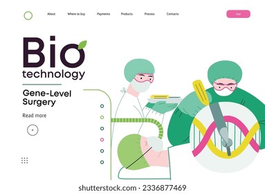 Bio Technology, Gene-Level Surgery -modern flat vector concept illustration of precise genetic modifications at the molecular leve. Metaphor of treating genetic disorders and enhancing human health