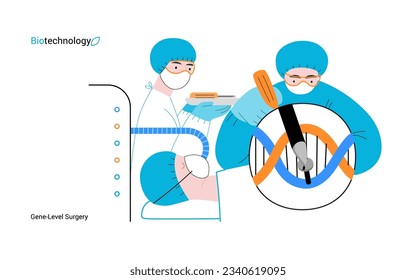 Bio Technology, Gene-Level Surgery -modern flat vector concept illustration of precise genetic modifications at the molecular leve. Metaphor of treating genetic disorders and enhancing human health