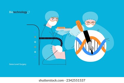 Bio Technology, Gene-Level Surgery -modern flat vector concept illustration of precise genetic modifications at the molecular leve. Metaphor of treating genetic disorders and enhancing human health