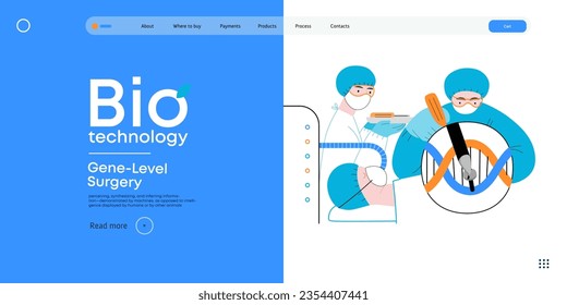 Bio Technology, Gene-Level Surgery -modern flat vector concept illustration of precise genetic modifications at the molecular leve. Metaphor of treating genetic disorders and enhancing human health