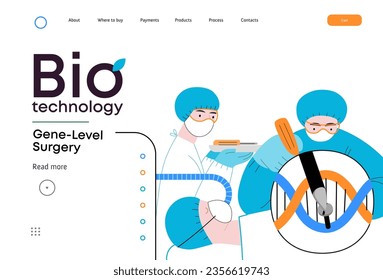 Bio Technology, Gene-Level Surgery -modern flat vector concept illustration of precise genetic modifications at the molecular leve. Metaphor of treating genetic disorders and enhancing human health