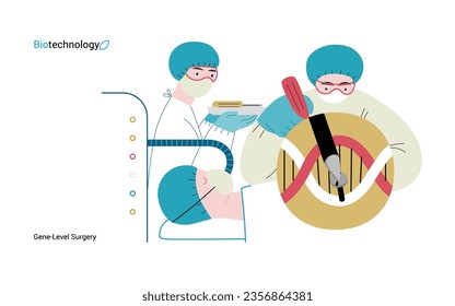 Bio Technology, Gene-Level Surgery -moderna ilustración del concepto de vector plano de modificaciones genéticas precisas a nivel molecular. Metáfora del tratamiento de los trastornos genéticos y mejora de la salud humana