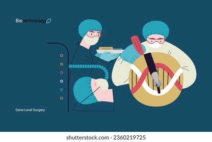 Bio Technology, Gene-Level Surgery -modern flat vector concept illustration of precise genetic modifications at the molecular leve. Metaphor of treating genetic disorders and enhancing human health