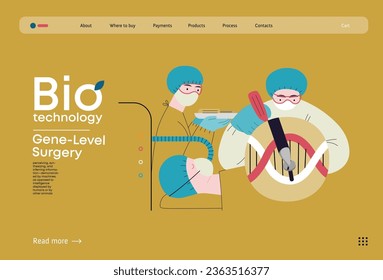 Bio Technology, Gene-Level Surgery -modern flat vector concept illustration of precise genetic modifications at the molecular leve. Metaphor of treating genetic disorders and enhancing human health