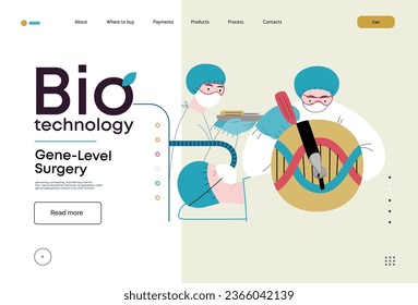 Bio Technology, Gene-Level Surgery -modern flat vector concept illustration of precise genetic modifications at the molecular leve. Metaphor of treating genetic disorders and enhancing human health