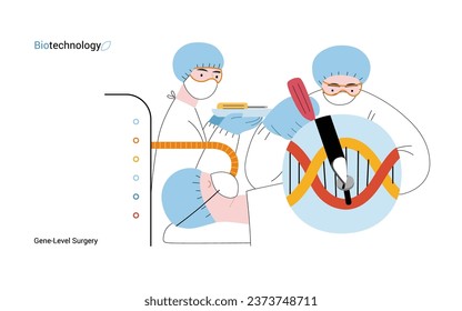 Bio Technology, Gene-Level Surgery -modern flat vector concept illustration of precise genetic modifications at the molecular leve. Metaphor of treating genetic disorders and enhancing human health