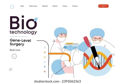 Bio Technology, Gene-Level Surgery -modern flat vector concept illustration of precise genetic modifications at the molecular leve. Metaphor of treating genetic disorders and enhancing human health