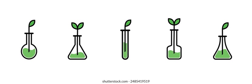 bio technology icon set, laboratory glass design of various shapes with plants, editable vector eps 10.