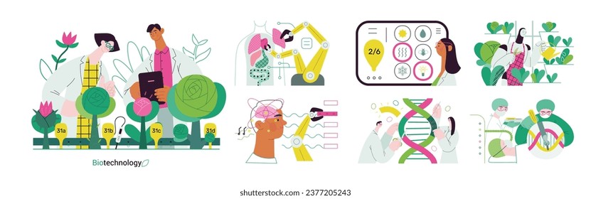 Bio Technology -modern flat vector concept illustration of improving aspects of healthcare, agriculture, environmental sustainability, industrial processes. Metaphor of bridging Science and Nature