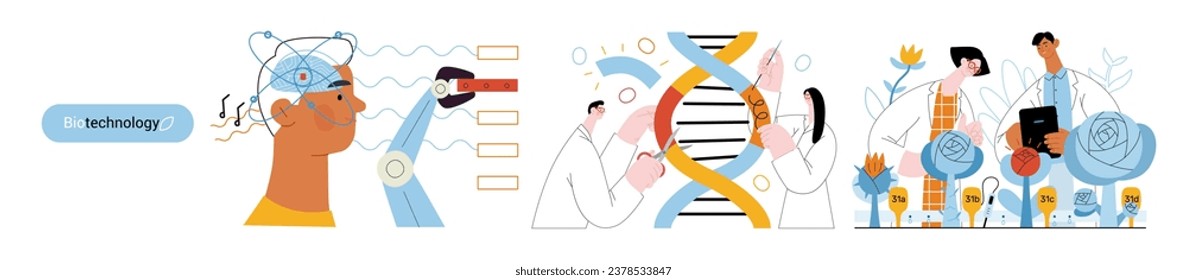 Bio Technology -modern flat vector concept illustration of improving aspects of healthcare, agriculture, environmental sustainability, industrial processes. Metaphor of bridging Science and Nature