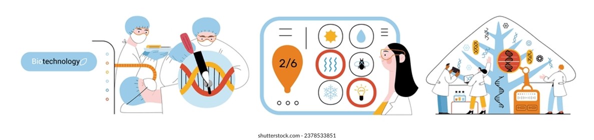 Bio Technology - moderna ilustración de un vector plano de mejora de aspectos de la atención de la salud, la agricultura, la sostenibilidad ambiental, los procesos industriales. Metáfora de acercamiento entre la ciencia y la naturaleza