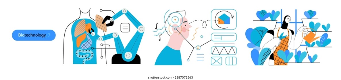 Bio Technology -modern flat vector concept illustration of improving aspects of healthcare, agriculture, environmental sustainability, industrial processes. Metaphor of bridging Science and Nature