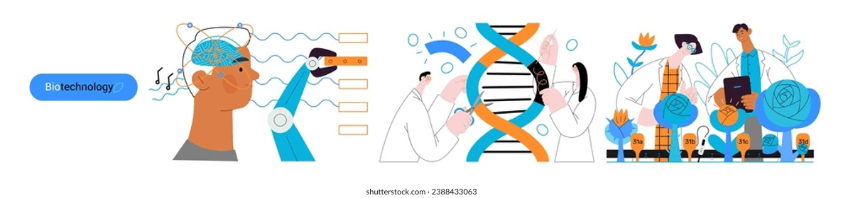 Bio Technology - moderna ilustración de un vector plano de mejora de aspectos de la atención de la salud, la agricultura, la sostenibilidad ambiental, los procesos industriales. Metáfora de acercamiento entre la ciencia y la naturaleza