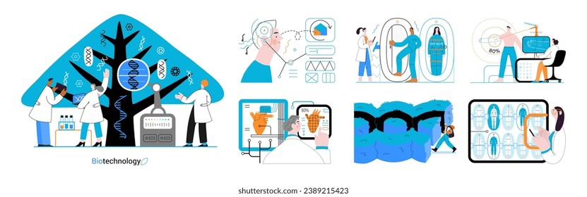 Bio Technology - moderna ilustración de un vector plano de mejora de aspectos de la atención de la salud, la agricultura, la sostenibilidad ambiental, los procesos industriales. Metáfora de acercamiento entre la ciencia y la naturaleza