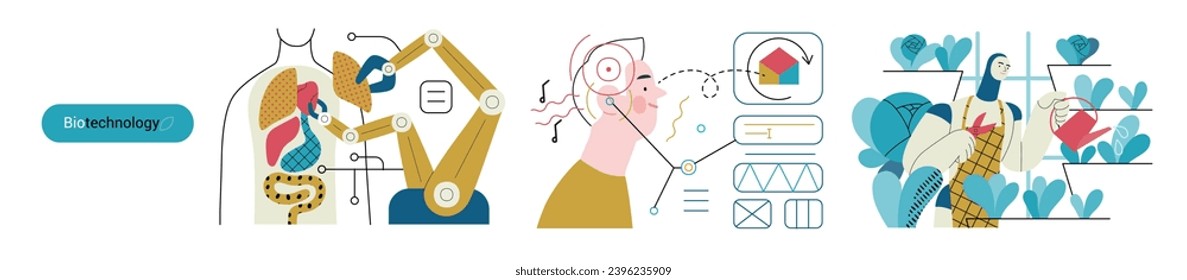 Bio Technology - moderna ilustración de un vector plano de mejora de aspectos de la atención de la salud, la agricultura, la sostenibilidad ambiental, los procesos industriales. Metáfora de acercamiento entre la ciencia y la naturaleza