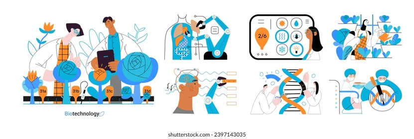 Bio Technology -modern flat vector concept illustration of improving aspects of healthcare, agriculture, environmental sustainability, industrial processes. Metaphor of bridging Science and Nature