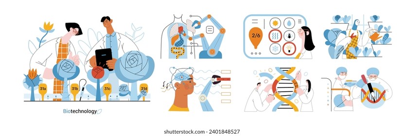 Bio Technology -modern flat vector concept illustration of improving aspects of healthcare, agriculture, environmental sustainability, industrial processes. Metaphor of bridging Science and Nature