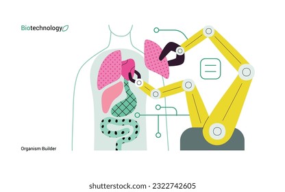 Bio Technology, Organism Builder -modern flat vector concept illustration of robot assembling organism using blocks, parts representing organ systems. Metaphor of regenerative medicine and 3D printing